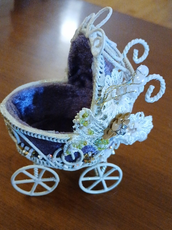 Other - Unique Decorative Collectible Mini Stroller White Sparkles RARE Purple Velvet 4"